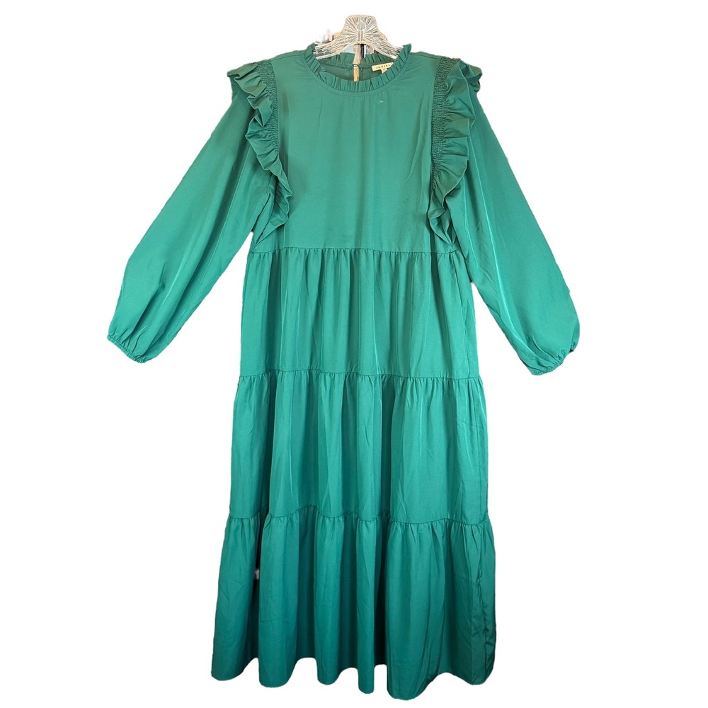 Jodifl Hunter Green Womens M Tiered Midi Dress Ruffle‎ Long Sleeve Prairie Boho